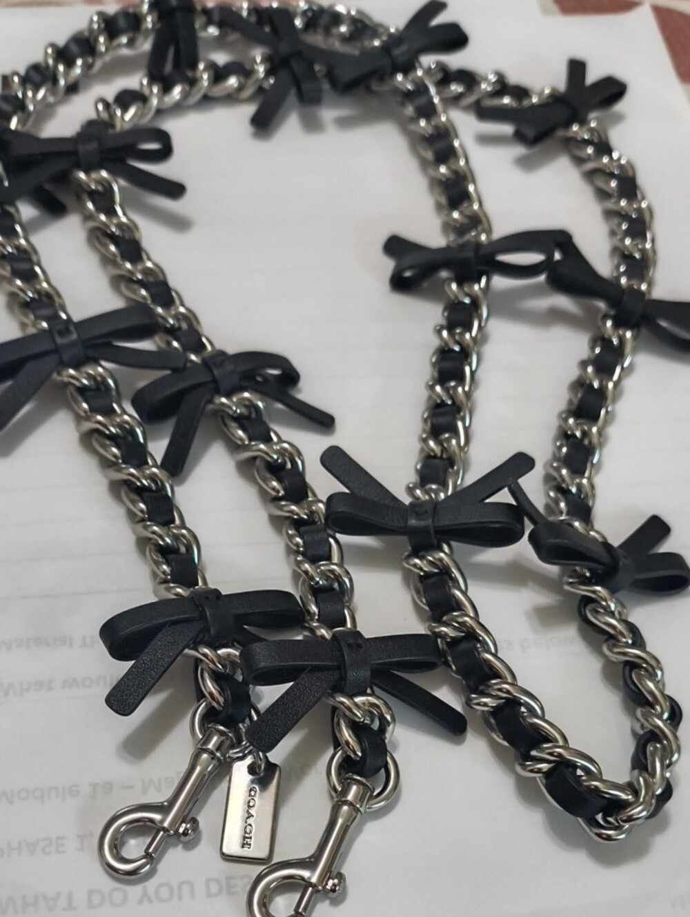 Coach Silver Accessory/ Shoulder Strap 42 IN Chain with Black Leather Bows NWOT - Picture 3 of 6